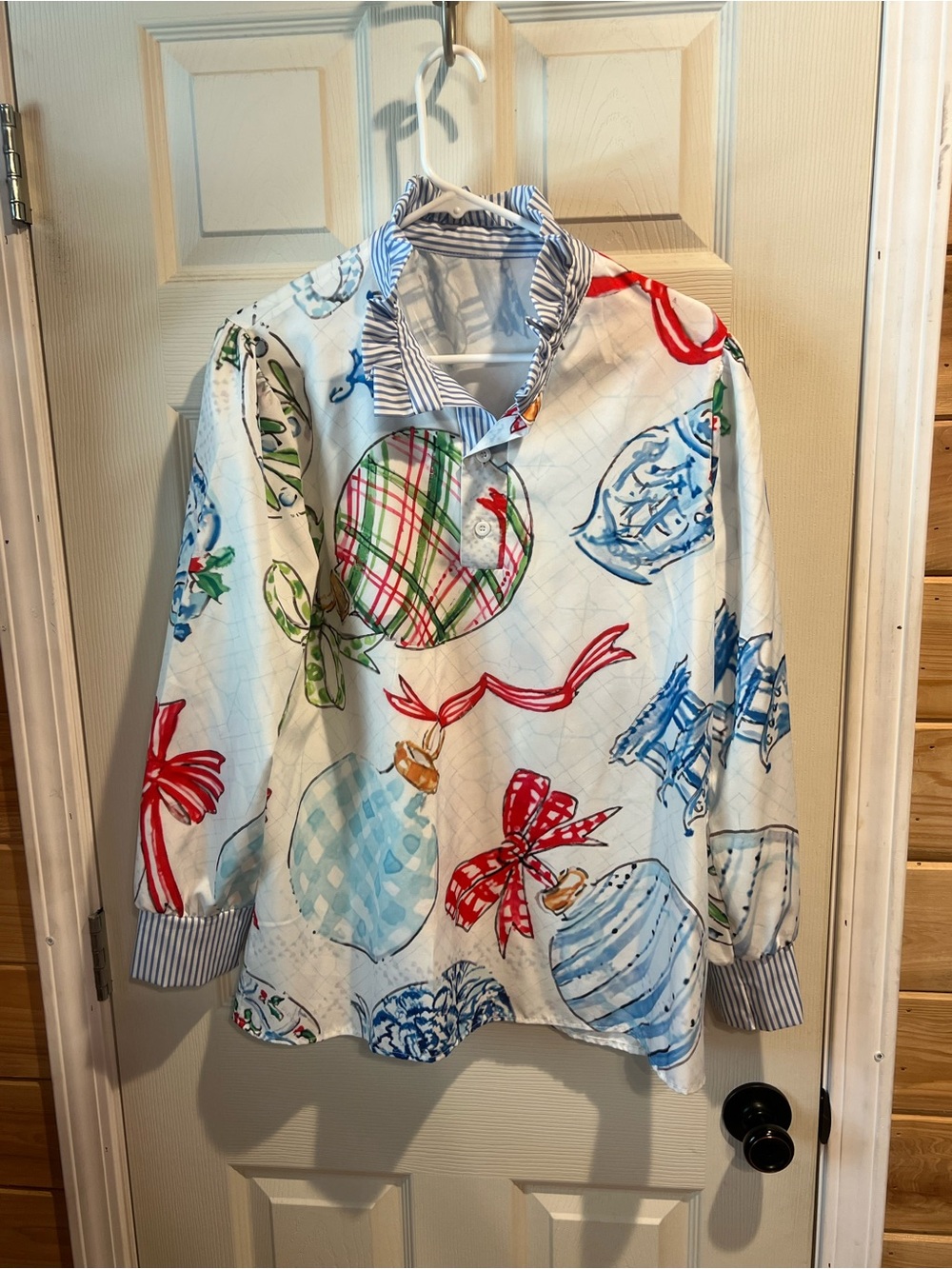 Womens' Multi-Color Holiday Ornament Print Shirt